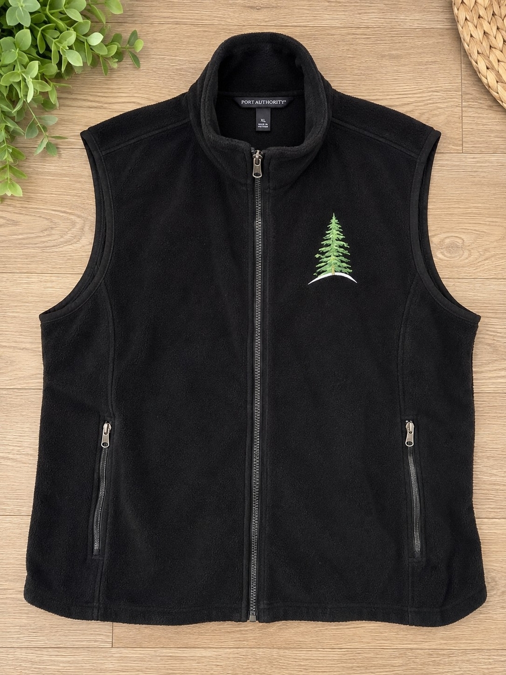 Port Authority Black Fleece Vest with Green Tree Motif